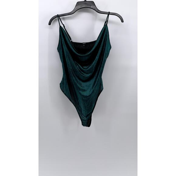 BLA SHE Women's Dark Green Metallic Cowl-Neck Spaghetti Strap Bodysuit SZ L - Picture 3 of 10